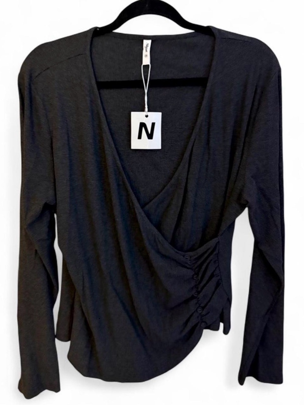 Black Wrap-Front Long Sleeve Top with Side Ruched Buttons